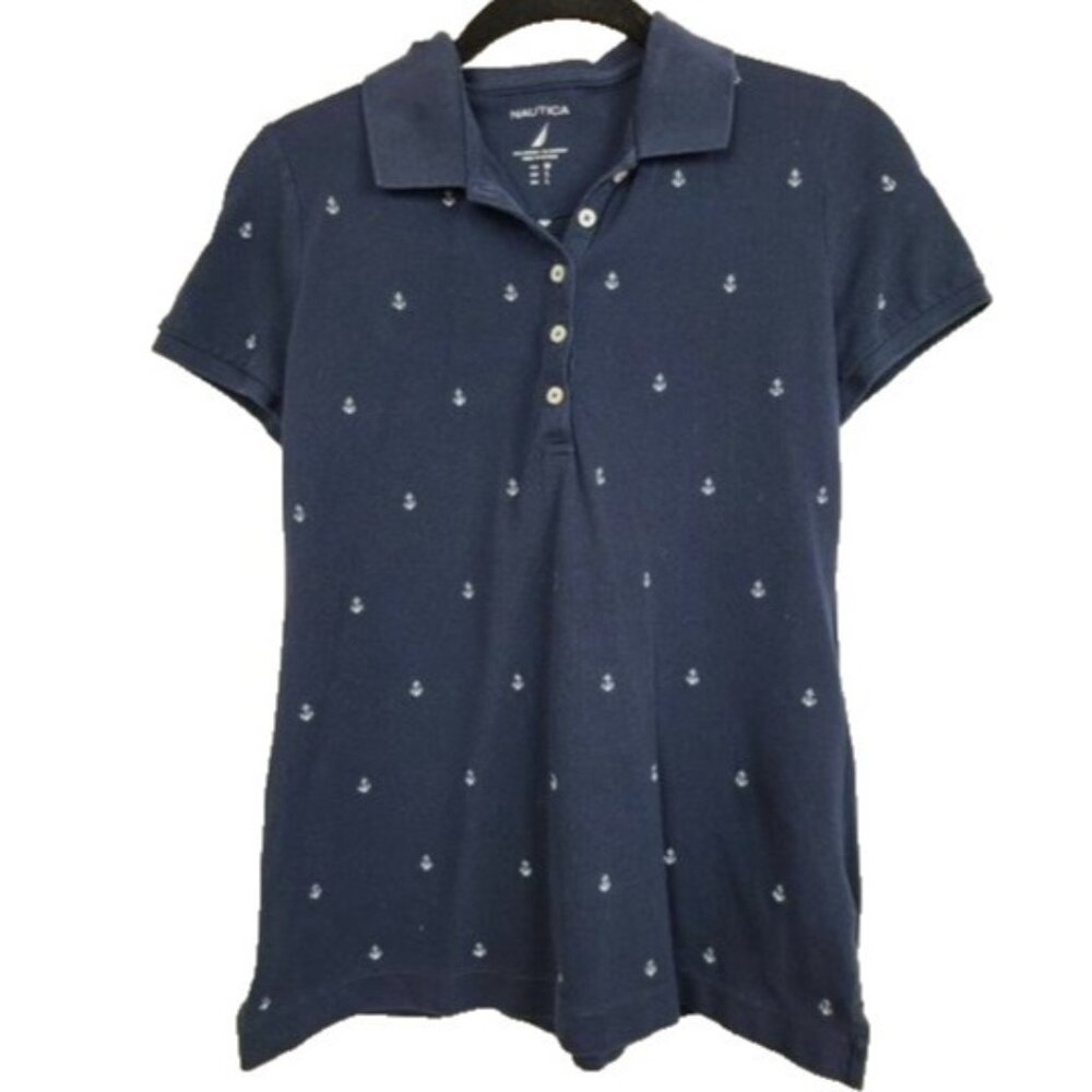 Nautica Womens Polo Shirt Medium Navy White Embroidered Anchors Preppy Nautical - Picture 1 of 6